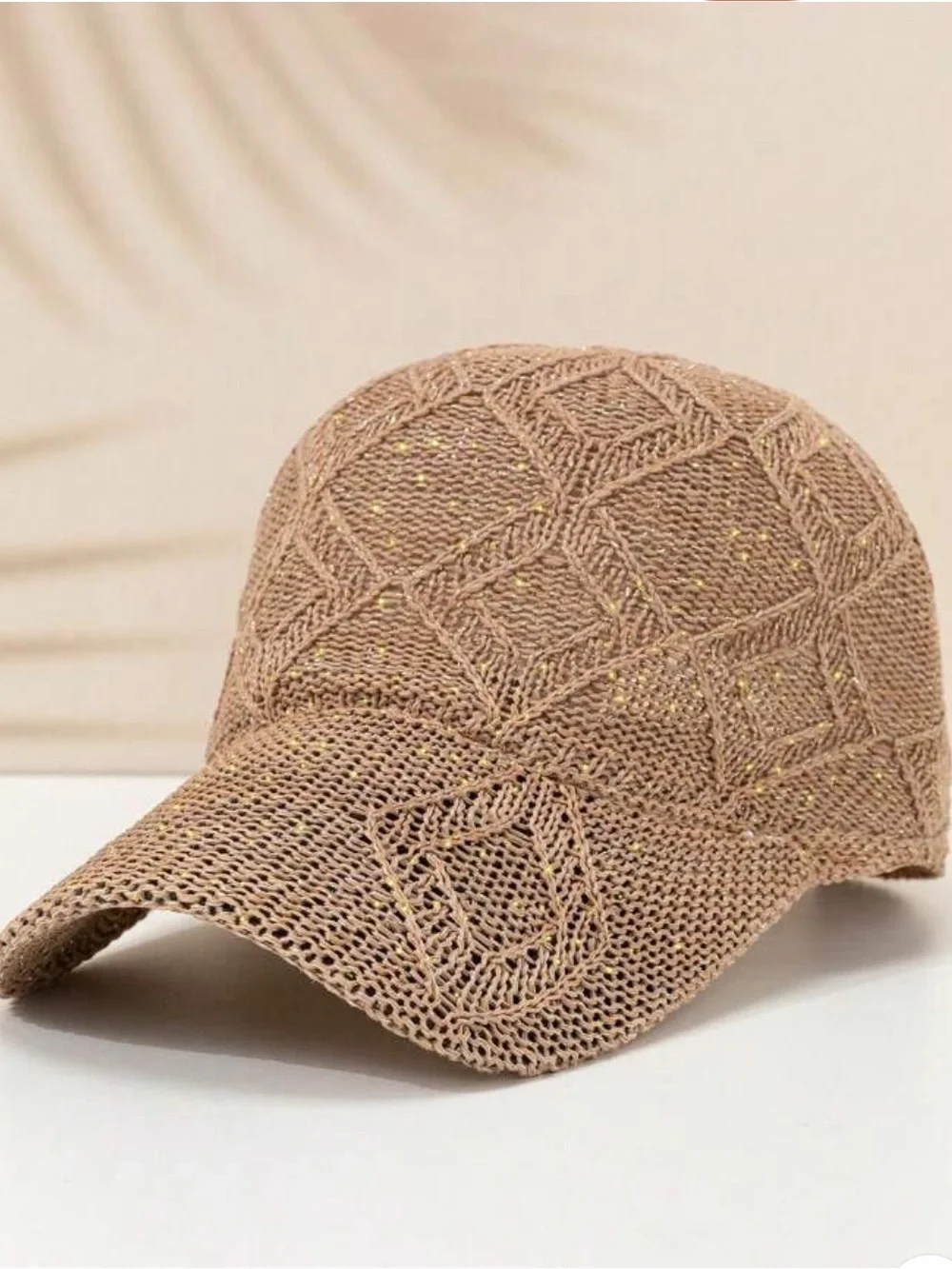 Stylish Beige Knit Baseball Cap with Subtle Metallic Threads